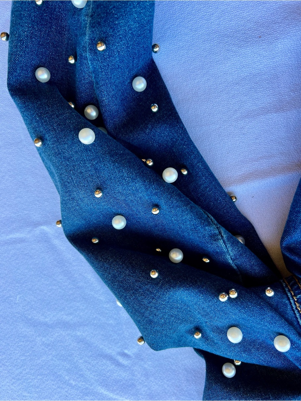 VENUS Dark Blue Denim Crop Jacket with Pearl Sleeve Accents - Picture 2 of 4